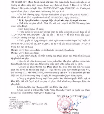 Quyết định xử phạt của Cục Quản lý Dược với Công ty Cổ phần thương mại Dược phẩm Sao Mai.