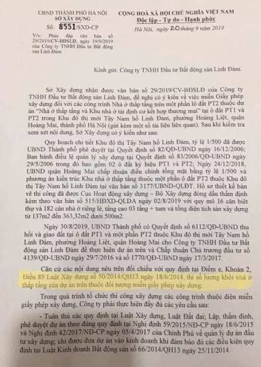 Sở Xây dựng Hà Nội vừa có văn bản nêu rõ “Dự án nhà ở thấp tầng và khu nhà ở tái định cư kết hợp thương mại tại ô đất PT1 và một phần ô đất PT2 thuộc đối tượng miễn giấy phép xây dựng.