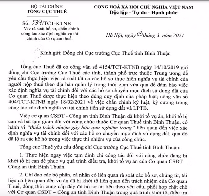 Văn bản gửi riêng cho Cục trưởng Cục Thuế tỉnh Bình Thuận.