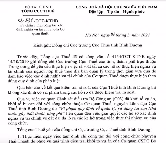 Một văn bản yêu cầu Cục trưởng Cục Thuế tỉnh Bình Dương đình chỉ chức vụ chuyên viên có liên quan.