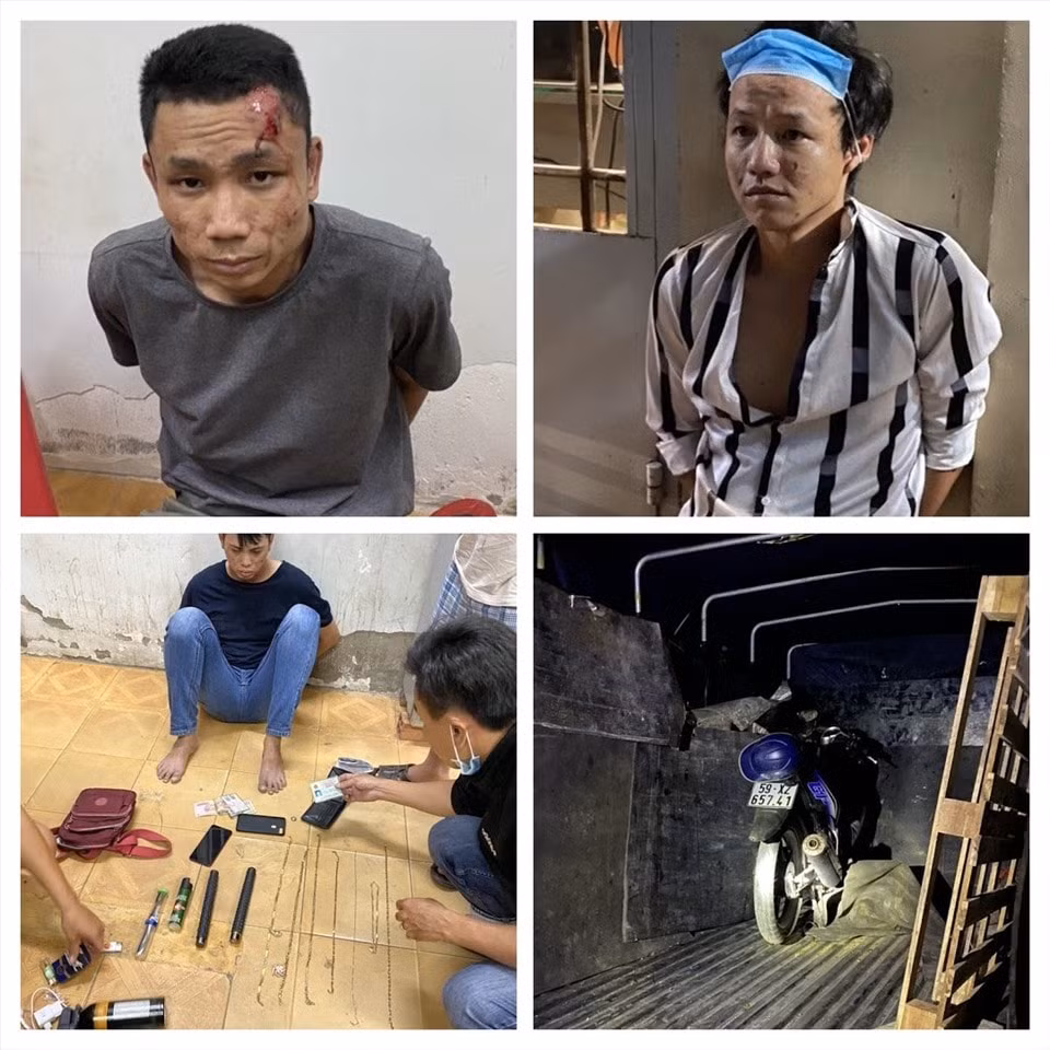 Ba thanh niên bị công an bắt giữ và tang vật liên quan. Ảnh: laodong.vn