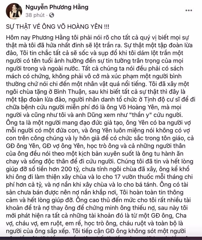 Bà Nguyễn Phương Hằng đăng tải nội dung tố cáo Lương y Võ Hoàng Yên (Ảnh chụp màn hình)