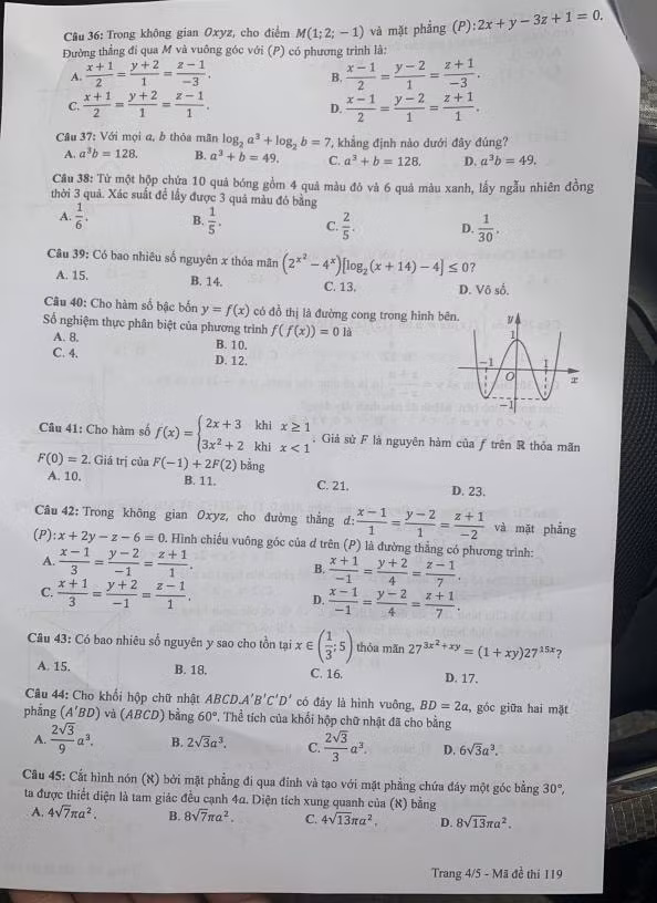 Đề thi và đáp án môn Toán thi tốt nghiệp THPT 2021 (mã đề 119) ảnh 5
