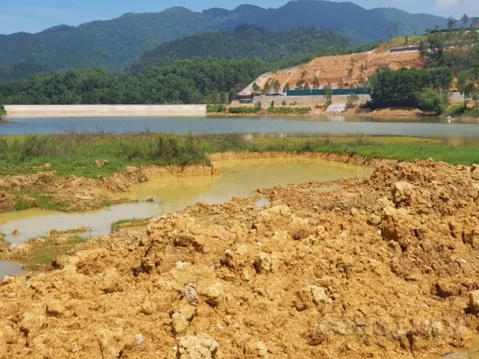 Bà Nguyễn Thị Vân Anh cho máy móc đào xới lòng hồ Trại Trâu.