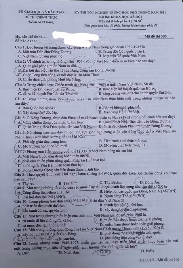 Đề thi môn Lịch sử tốt nghiệp THPT 2021, mã đề 305.