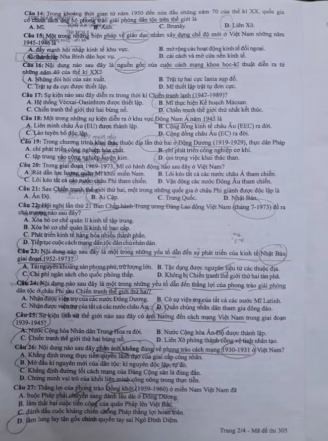 Đề thi môn Lịch sử tốt nghiệp THPT 2021, mã đề 305.