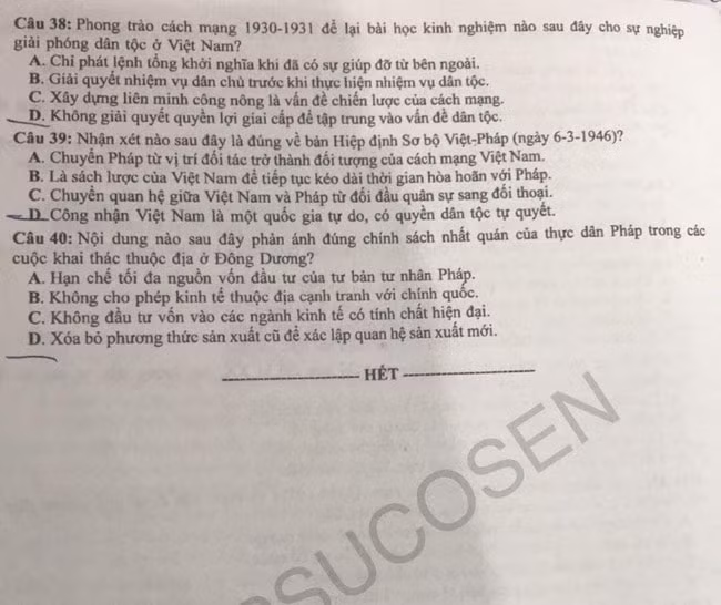 Đề thi môn Lịch sử tốt nghiệp THPT 2021, mã đề 310.