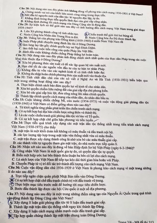 Đề thi môn Lịch sử tốt nghiệp THPT 2021, mã đề 313.
