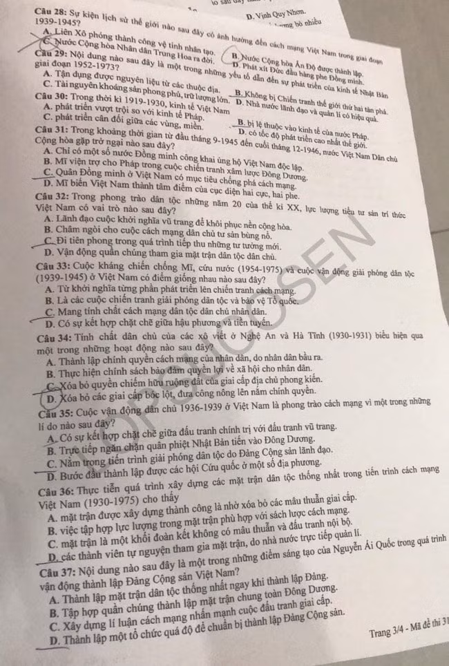 Đề thi môn Lịch sử tốt nghiệp THPT 2021, mã đề 310.