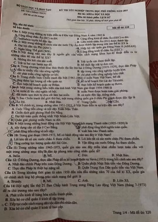 Đề thi môn Lịch sử tốt nghiệp THPT 2021, mã đề 320.