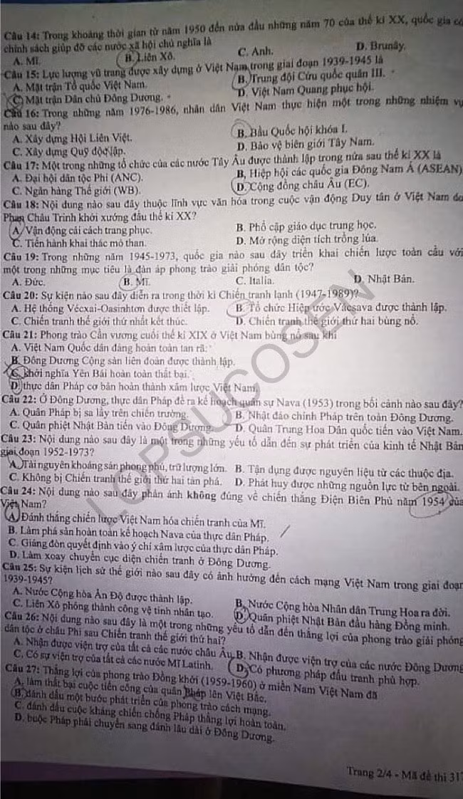 Đề thi môn Lịch sử tốt nghiệp THPT 2021, mã đề 317.