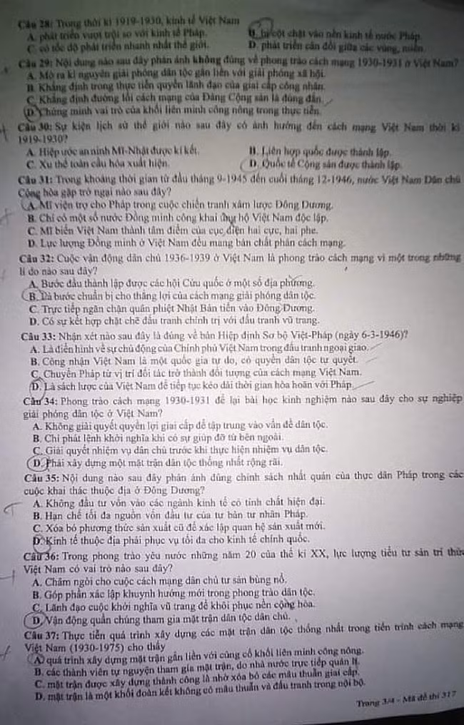 Đề thi môn Lịch sử tốt nghiệp THPT 2021, mã đề 317.