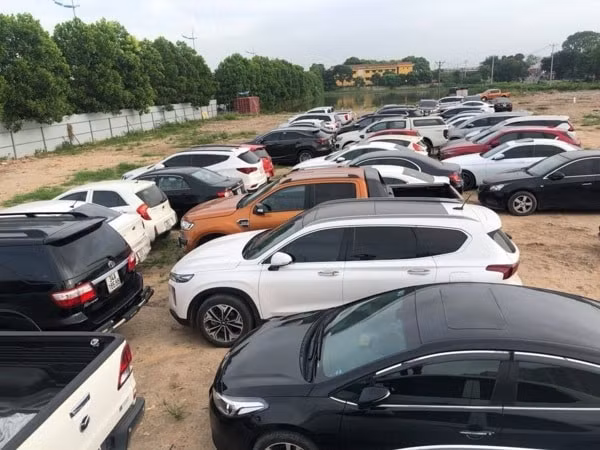 81 chiếc xe ô tô liên quan đến vụ việc thu giữ tại 12 địa điểm để phục vụ quá trình điều tra. Ảnh: Công an cung cấp