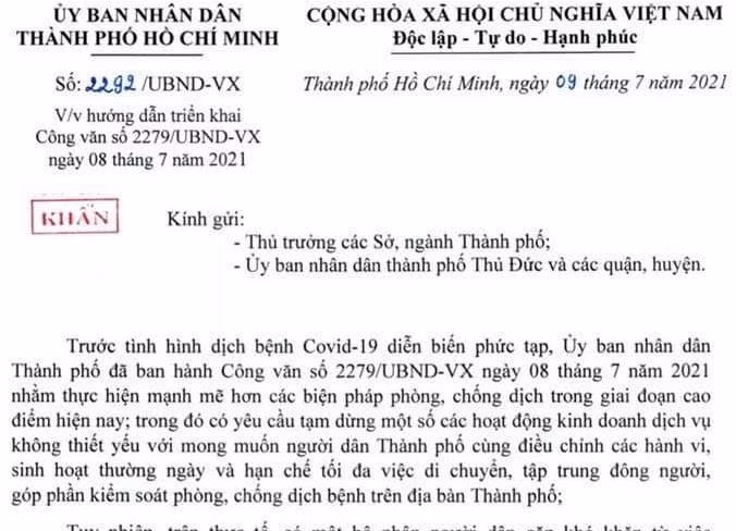UBND TP. HCM ban hành công văn 2292 hướng dẫn triển khai công văn 2279 trước đó.