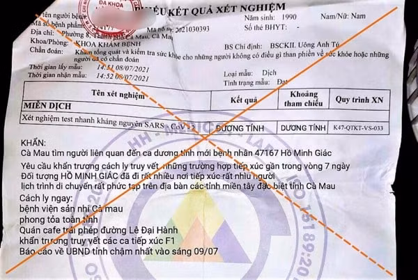 Phiếu xét nghiệm giả mạo và chứa nhiều nội dung bịa đặt