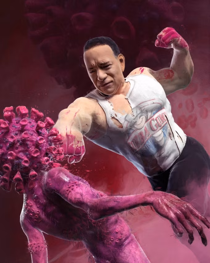 “Cảm ơn Tom đã đánh bại Coronavirus” – Tác phẩm mô tả Tom Hank chiến đấu với virus Corona. Mike Winkelmann.
