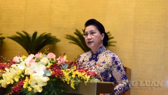 Chủ tịch Quốc hội Nguyễn Thị Kim Ngân khi trình bày Báo cáo Công tác nhiệm kỳ khóa XIV của Quốc hội.