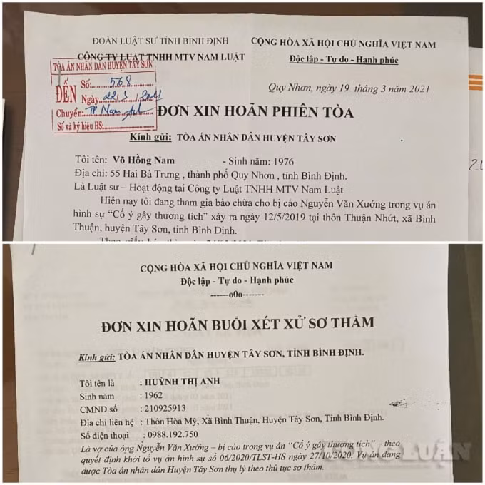 Đơn xin hoãn phiên toà của vợ bị cáo Xướng và Luật sư.