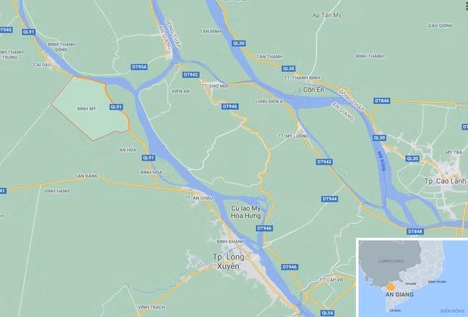 Hình ảnh xã Bình Mỹ (khoanh đỏ) thuộc huyện Châu Phú, An Giang. Ảnh: Google Maps