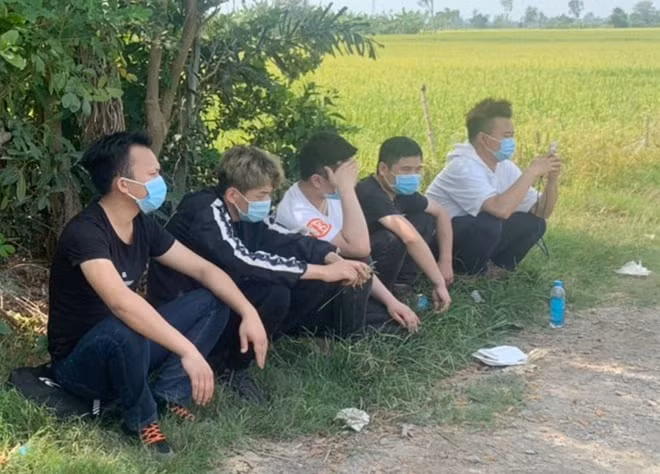 5 công dân Trung Quốc đang chờ người đưa sang Campuchia tại cánh đồng của xã Bình Mỹ, huyện Châu Phú, An Giang. Ảnh: Zingnews.vn