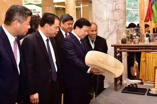 Phó Thủ tướng Trịnh Đình Dũng thăm một gian hàng trưng bày sản phẩm.