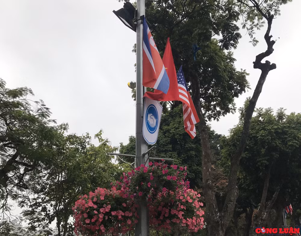 Cờ Việt Nam, Mỹ, Triều Tiên cùng với biểu tượng hòa bình xuất hiện trên khắp mọi nơi