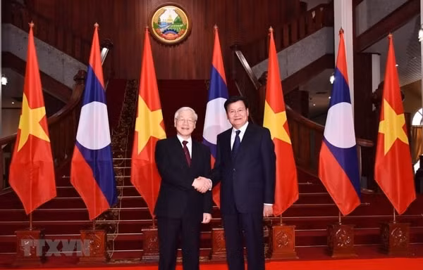 Tổng Bí thư, Chủ tịch nước Nguyễn Phú Trọng hội kiến với Thủ tướng Lào Thongloun Sisoulith. Ảnh: TTXVN