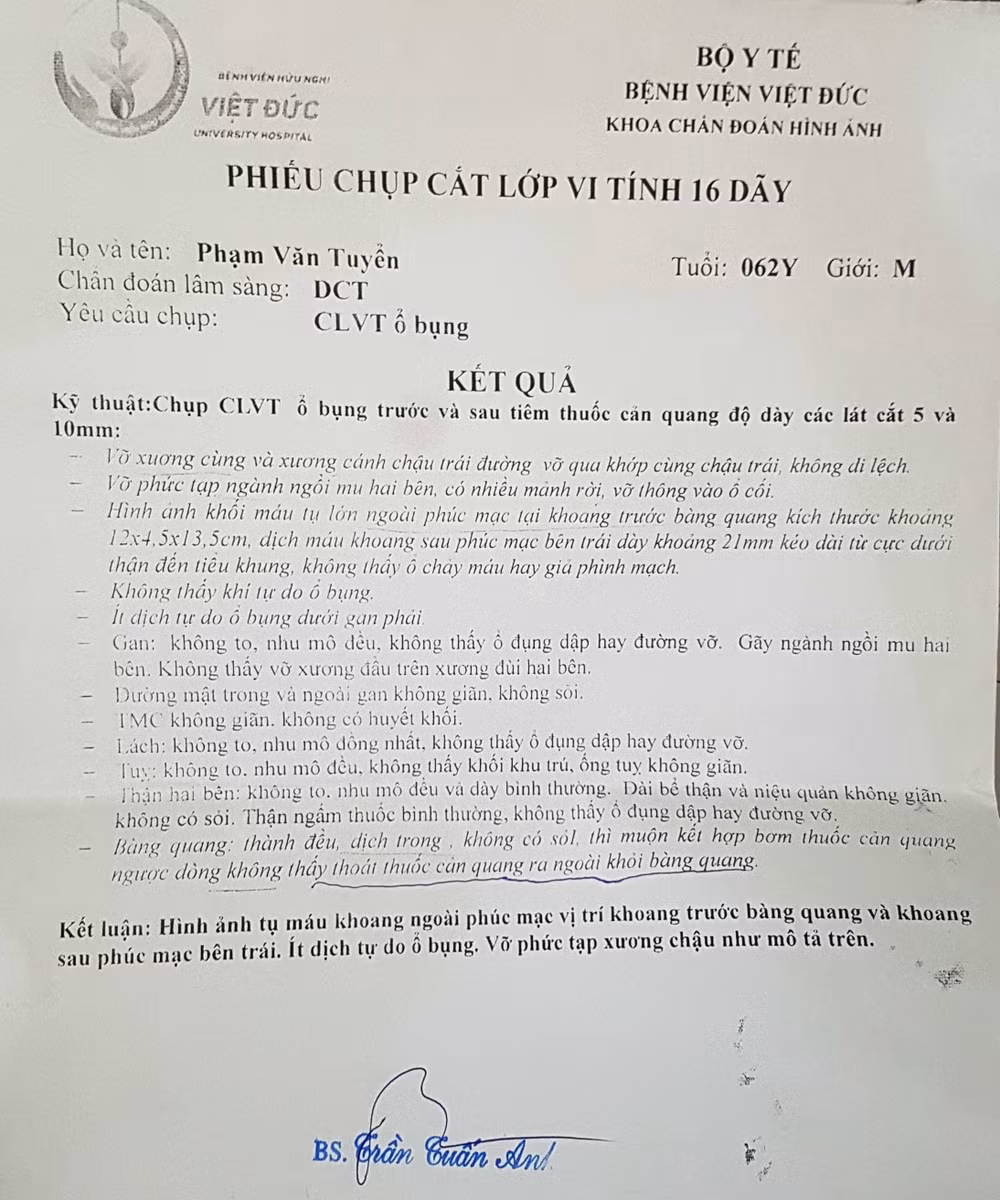 Với hoàn cảnh khó khăn, ông Tuyển đang điều trị đa chấn thương bị cột điện đè lên người: vỡ phức tạp xương chậu, tụ máu bàng quang…