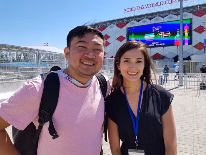 Nhà báo Quốc Việt khi tác nghiệp tại World Cup 2018 ở Nga.