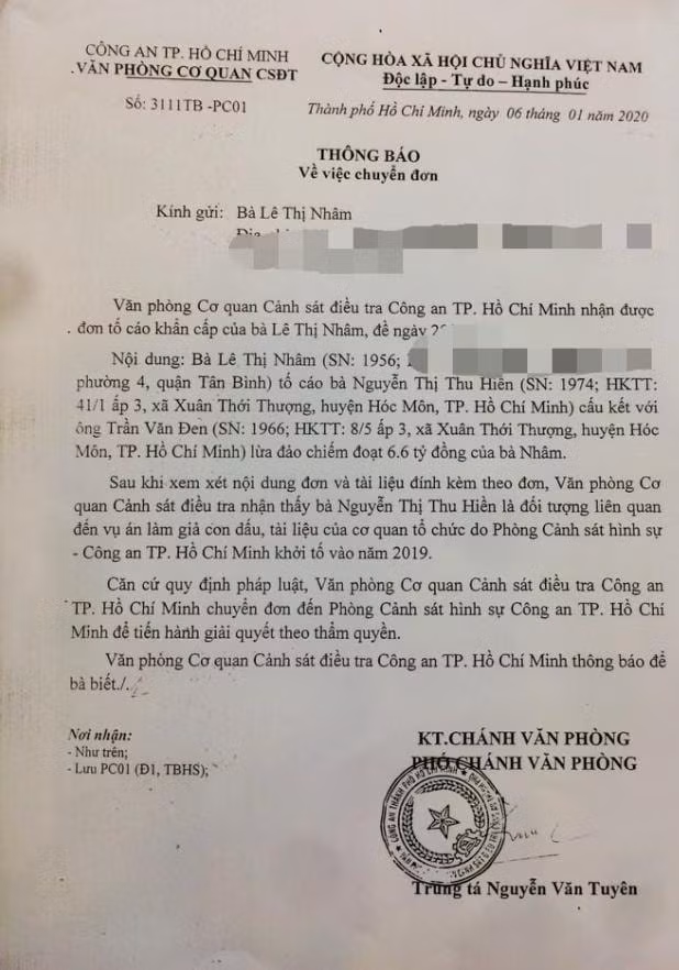 Công an TPHCM ra thông báo cho biết đã chuyển đơn của bà Nhâm tố cáo bà Hiền cấu kết với ông Trần Văn Đen lừa đảo chiếm đoạt 6,6 tỷ đồng của bà Nhâm.