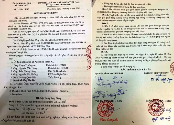 Hợp đồng thuê đất giữa UBND xã Ngọc Sơn với ông Nguyễn Quốc Quân cùng bà Từ Thị Hằng Nga (vợ ông Quân) có thời hạn 5 năm
