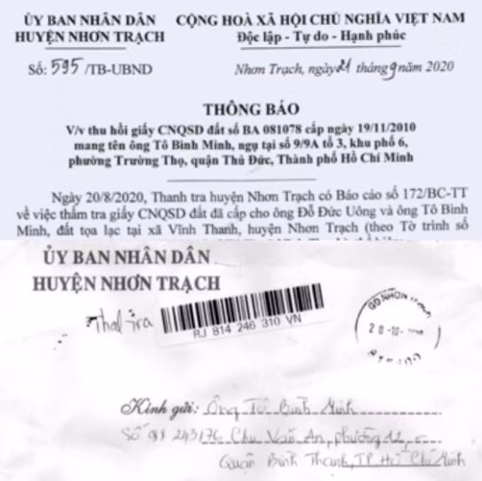 Thông báo thu hồi đất giới hạn thời gian phản hồi 30 ngày nhưng chạm mốc ngày thứ 30 mới gửi cho đương sự là một bất thường của cơ quan chức năng huyện Nhơn Trạch.