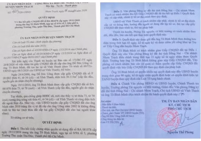 Sau thông báo, người dân chưa kịp hiểu chuyện gì đang xảy ra với tài sản trị giá hàng chục tỷ đồng thì UBND huyện Nhơn Trạch ra Quyết định thu hồi.