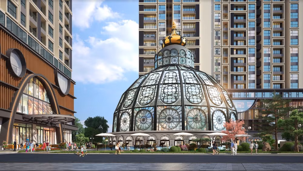 Lâu đài thủy kính tại lõi trung tâm cảnh quan của Hinode City do West Green Design thiết kế.
