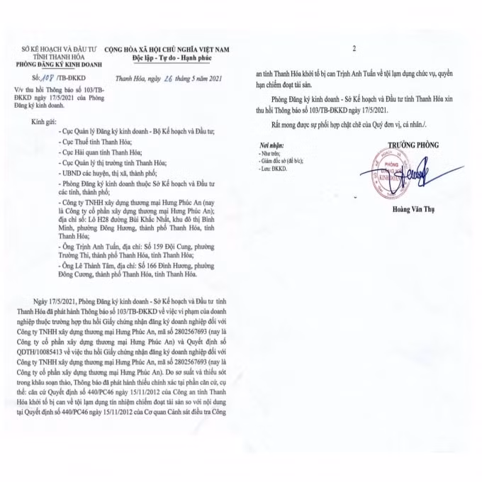 Thông báo về việc thu hồi Thông báo số 103/TB-ĐKKD ngày 17/5/2021 của Phòng Đăng ký kinh doanh Sở KH-ĐT Thanh Hoá ngày 26/5/2021. Công ty CP XDTM Hưng Phúc An đã được Sở Kế hoạch & Đầu tư tỉnh Thanh Hoá cho hoạt động trở lại kể từ ngày 26/5/2021.