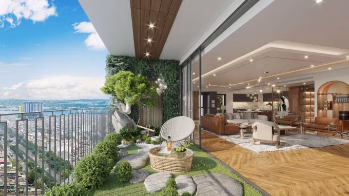 Phòng khách thiết kế mở với tầm view rộng giúp gia tăng không gian sống, luôn tràn ngập không khí trong lành, thoáng đãng.