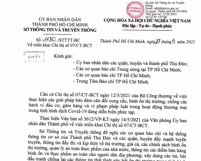 Văn bản của Sở TTTT TP. HCM triển khai Chỉ thị số 07/CT-BCT.