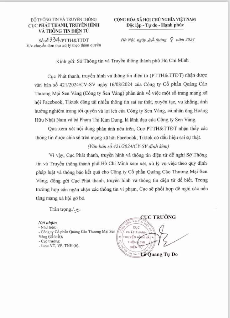 phoi hop de nghi cac nen tang mang xa hoi go bo bai dang xuyen tac cong ty sen vang hinh 2