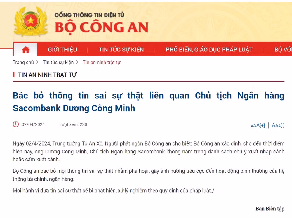 bo cong an thong tin ve viec chu tich ngan hang sacombank duong cong minh bi cam xuat canh hinh 1