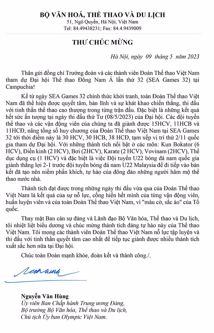 bo truong bo van hoa the thaodu lich gui thu chuc mung doan the thao viet nam thi dau tai sea games 32 hinh 3
