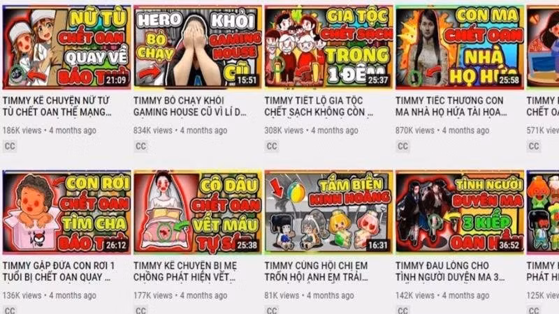 Kênh YouTube TIMMY TV với nhiều nội dung độc hại với trẻ em. Ảnh: baophapluat.vn