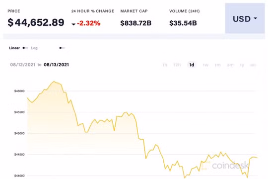 Giá Bitcoin hôm nay 13/8: Trượt xuống mức 44.600 USD