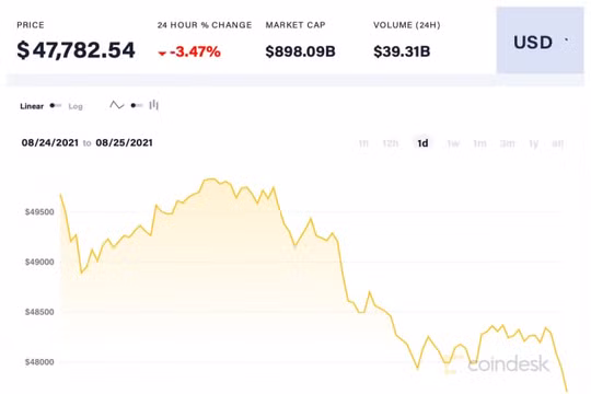 Giá Bitcoin hôm nay 25/8: Trượt về mức 48.000 USD