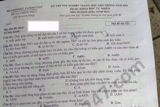 Đề thi tốt nghiệp THPT 2021 môn Sinh học, mã đề 221