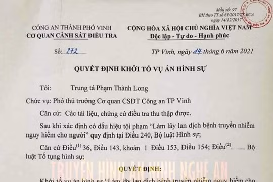 Nghệ An: Khởi tố vụ án hình sự về tội làm lây lan dịch bệnh nguy hiểm cho cộng đồng