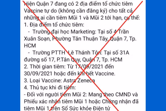Thông tin "Quận 7 đang có 2 điểm tiêm vắc xin tự do, không cần đăng ký" là tin giả