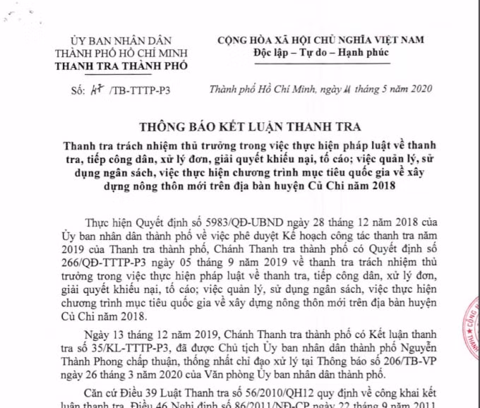 Kết luận thanh tra về trách nhiệm thủ trưởng trong xây dựng nông thôn mới tại huyện Củ Chi năm 2018
