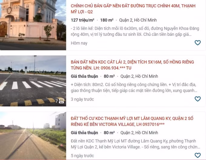 Đất nền quận 2 cũng đang tăng mạnh được rao bán trên mạng
