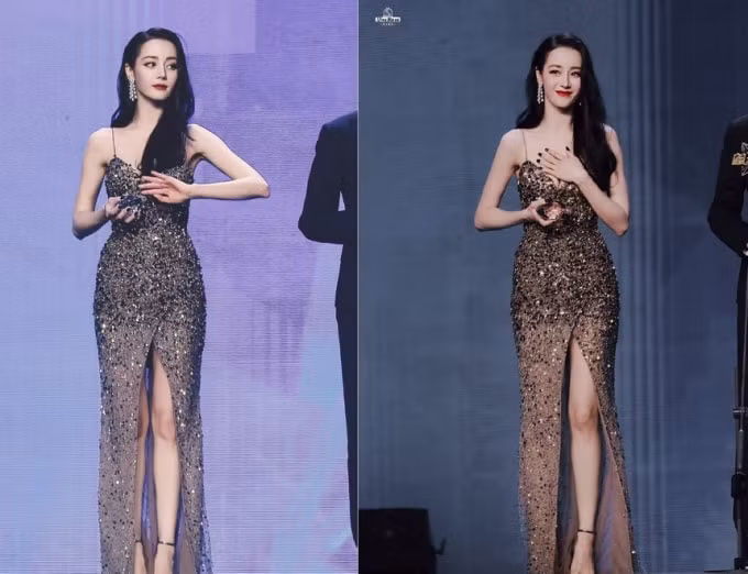 Địch Lệ Nhiệt Ba che vòng một để tránh sự cố hớ hênh. Ảnh: Weibo.