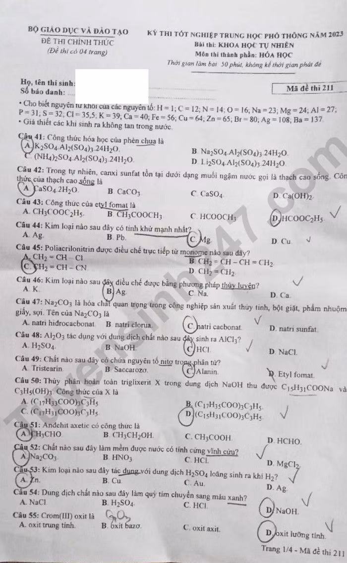 de thi tot nghiep thpt 2023 mon hoa hoc ma de 211 hinh 1